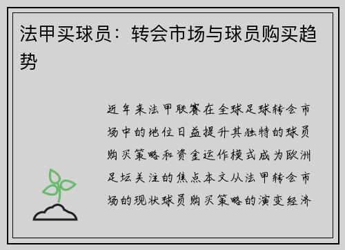 法甲买球员：转会市场与球员购买趋势
